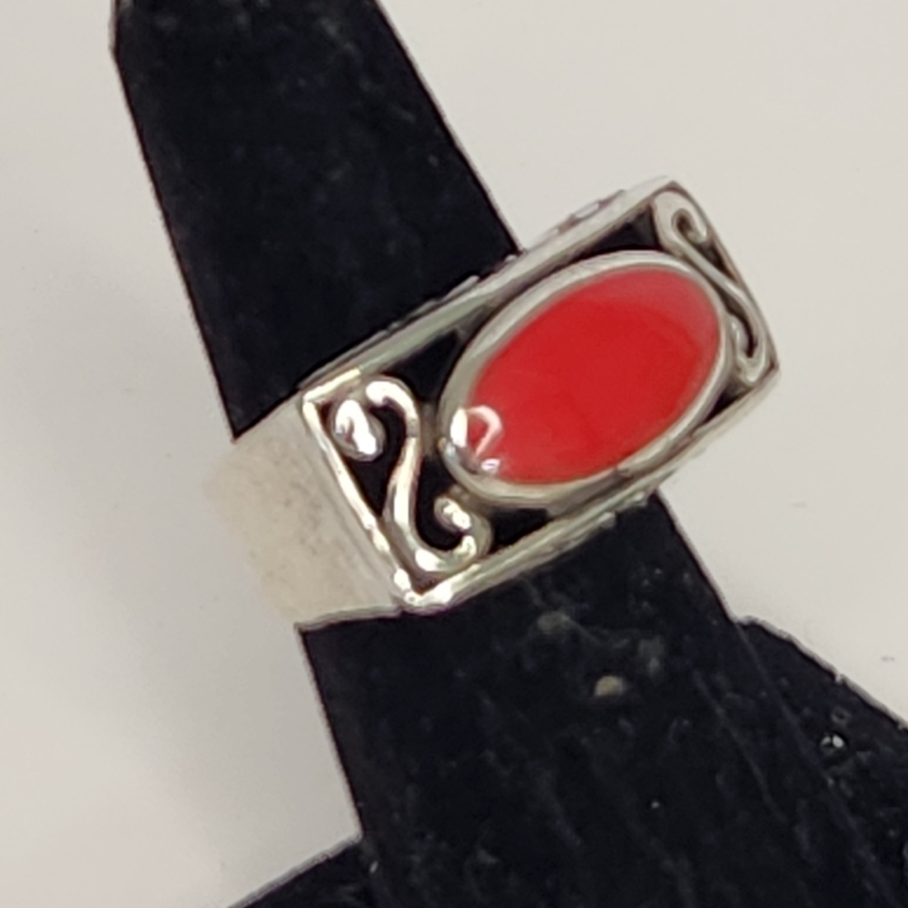 sterling silver 925 red coral scroll ring rectangular sz 6.5 modernist filigree